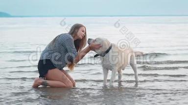 女人正在亲吻抚摸白狗，在平静的夏日傍晚，站在<strong>大河</strong>的水中